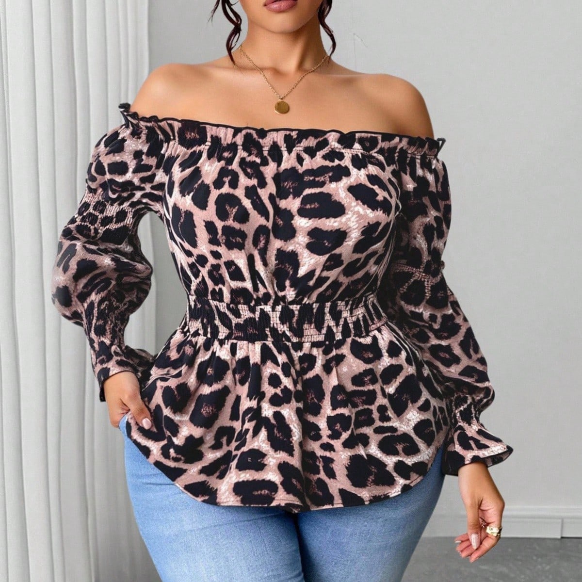 Plus Size Women Leopard Print  - Blouse Off Shoulder 评论和价格